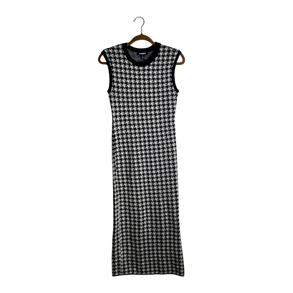 EXPRESS Houndstooth Knit Dress NWT Medium Sleeveless Bodycon Side Slit Preppy